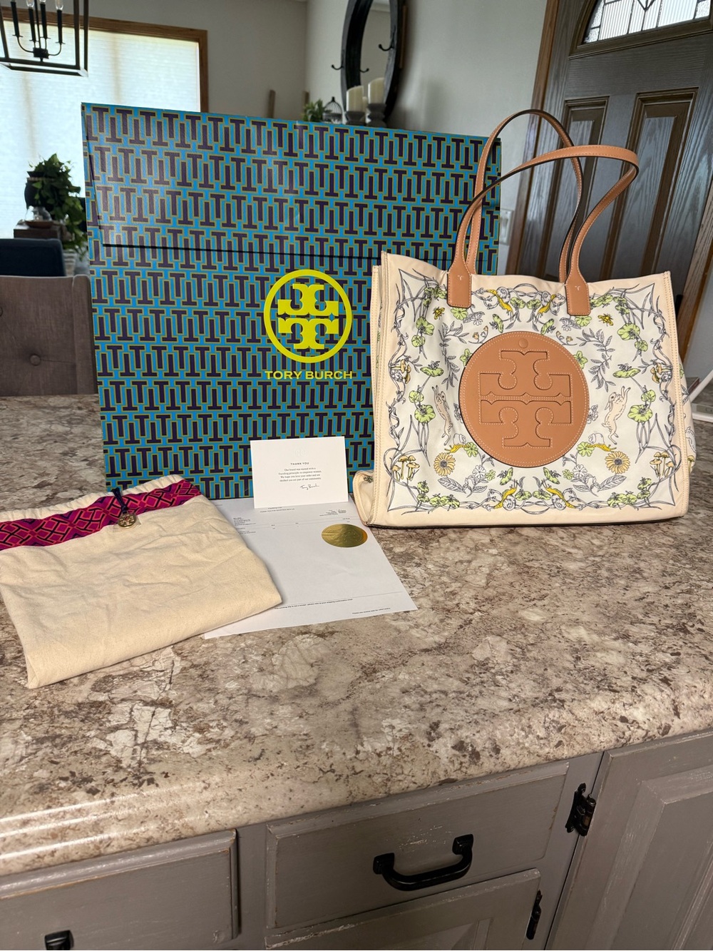 Tory Burch Cream Floral Canvas Tote with Tan Leather Logo